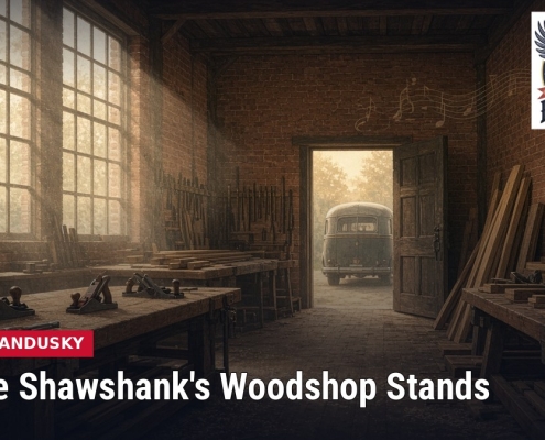 Fostoria News Shawshank's woodshop stands inside a rustic workshop with tools and wood planks.